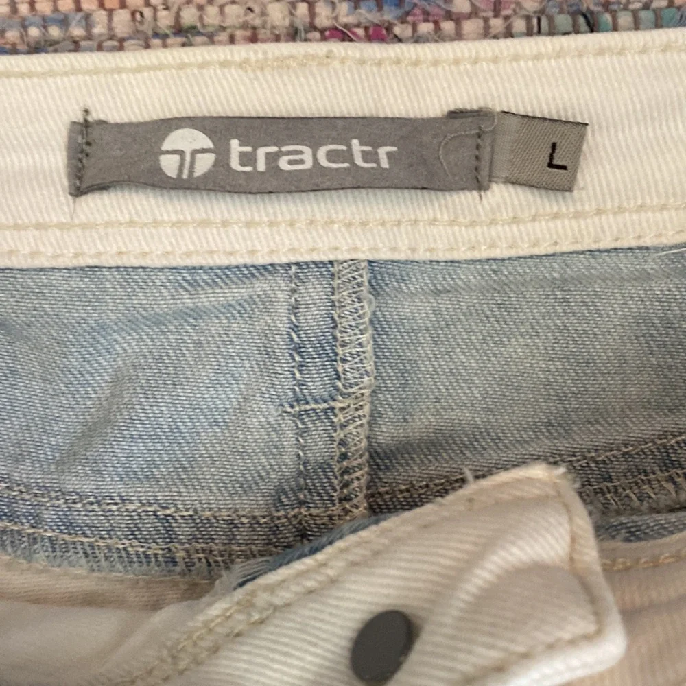 Tractr Jeans Skirt, Distressed Patchwork in Light Wash Blue & White, Sz L. - Picture 2 of 7